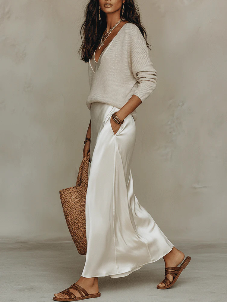 シックな女性用サテンマキシドレス 2ピースセット ノースリー - Slip Dress Satin のレビューと価格